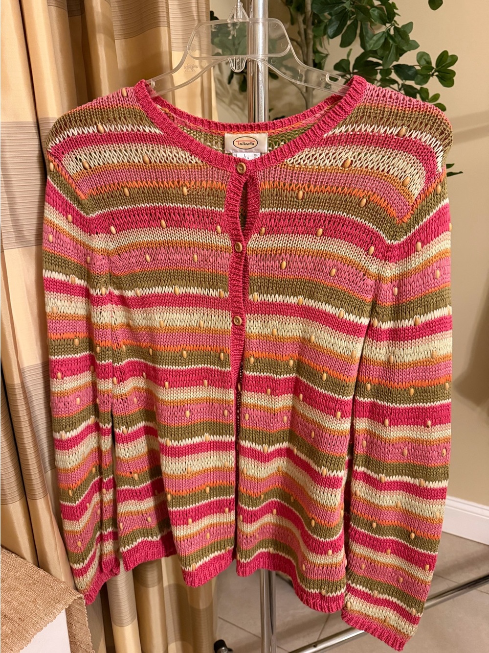 Talbots Pink Multi-Stripe Button Front Cardigan